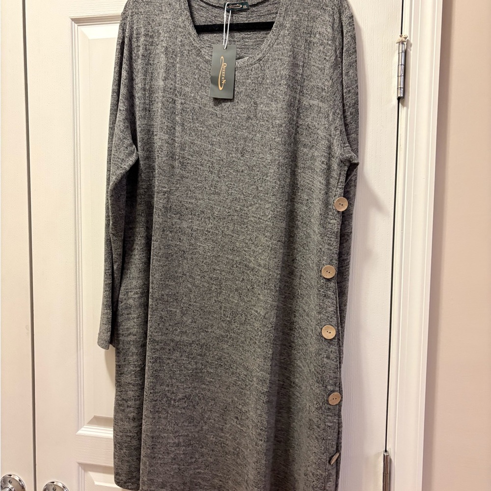 Chic Gray Knit Long Sleeve Dress with Button Accents NWT